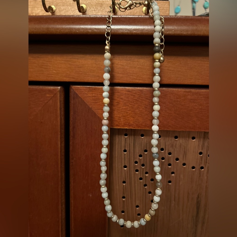 Beaded Necklace with White, Blue and Gray Beads